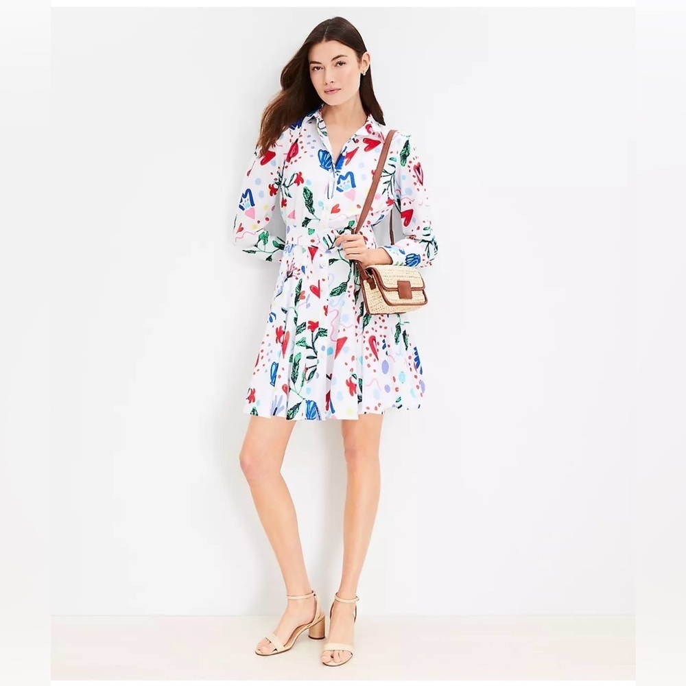 NEW LOFT White Multicolor Floral Long Sleeve Dress